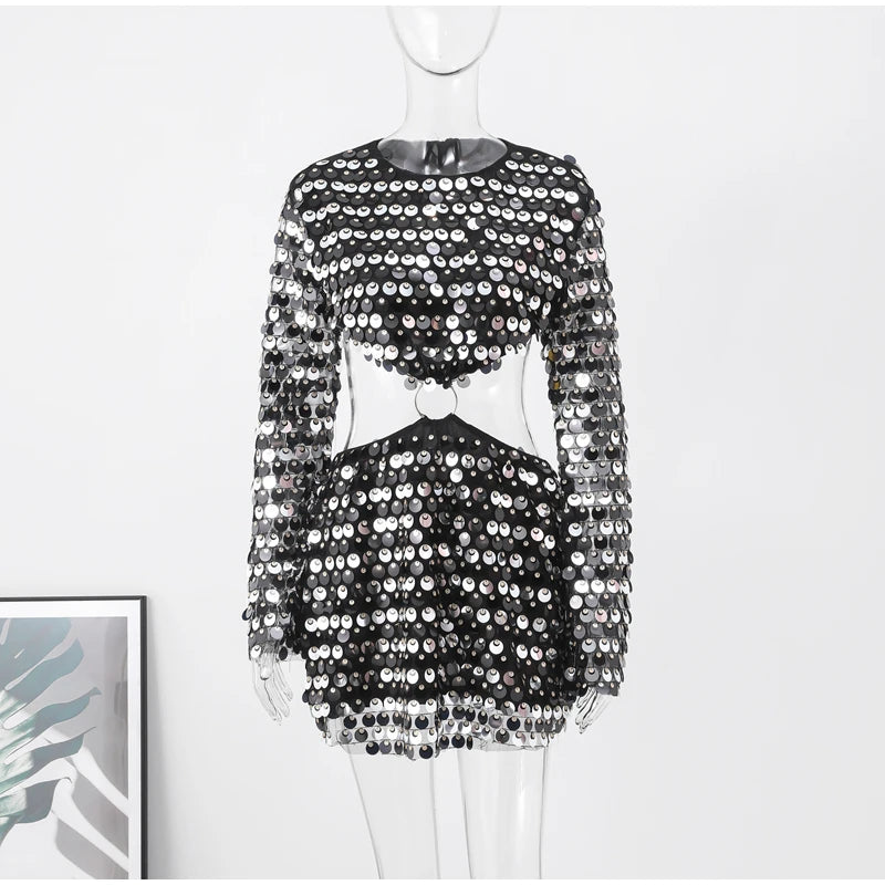 Sexy Sequined Evening Dress Women Long Sleeve O Neck Slim Backless Fashion Mini Dresses Party Hallow Out Ferrule Robe AS PIECTURES 1