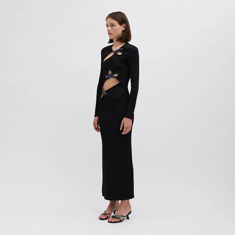 Vestido longo preto feminino, manga longa, sexy, com buracos, justo, moda para festa noturna, tapete vermelho, atacado