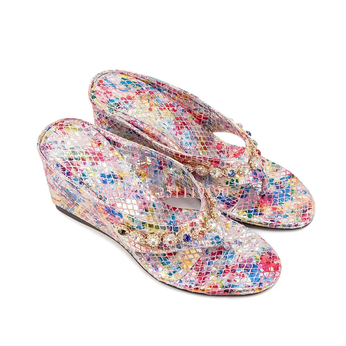 Floral Print Wedge Sandals Women Pearl Embellished Open Toe Slippers Colorful Sequin High Heel Flip Flops Fashion Summer Shoes