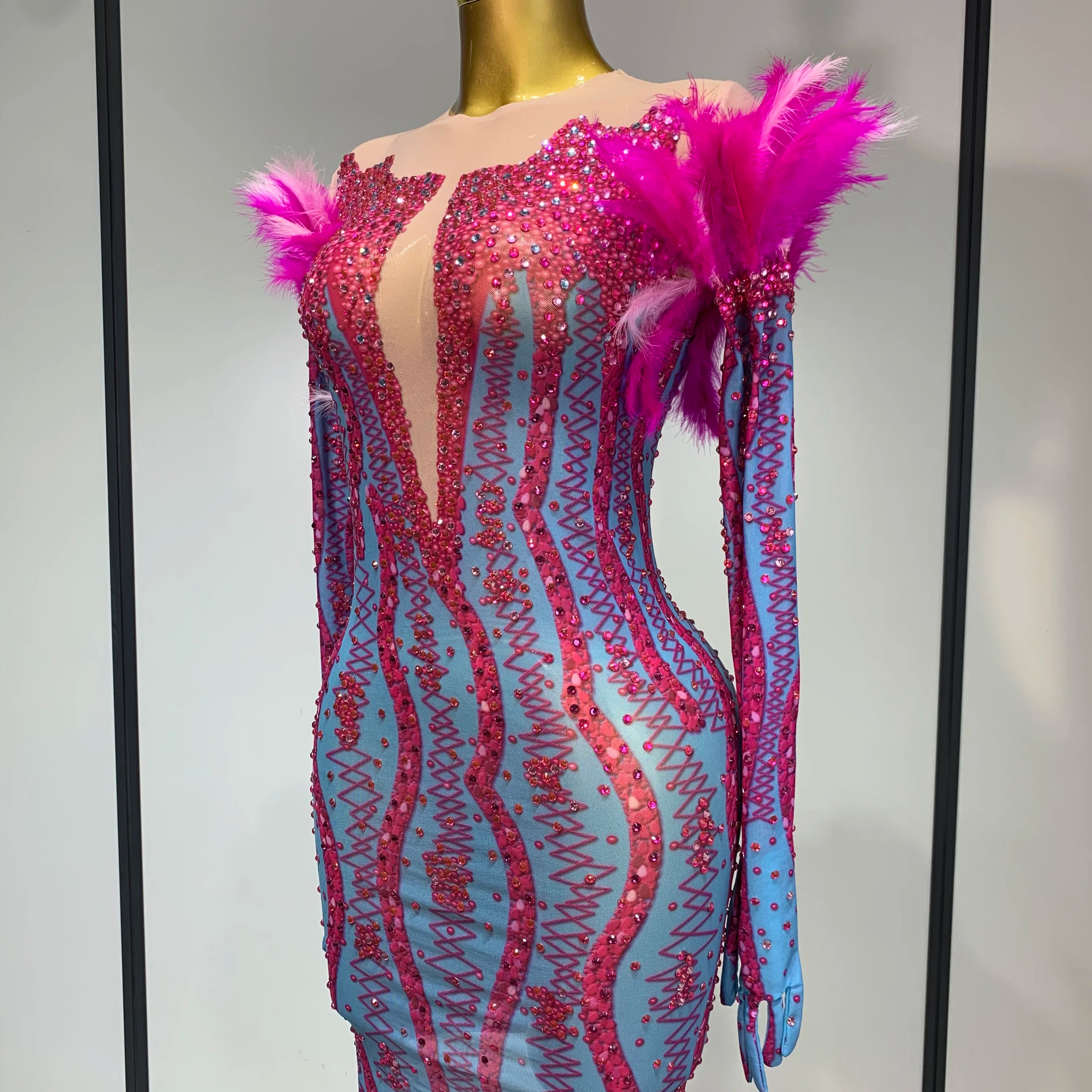 Women Sexy Mesh See Through Diamond Feather Dress  Elegant Evening Party Luxury Birthday Nightclub Performance Stage Costume