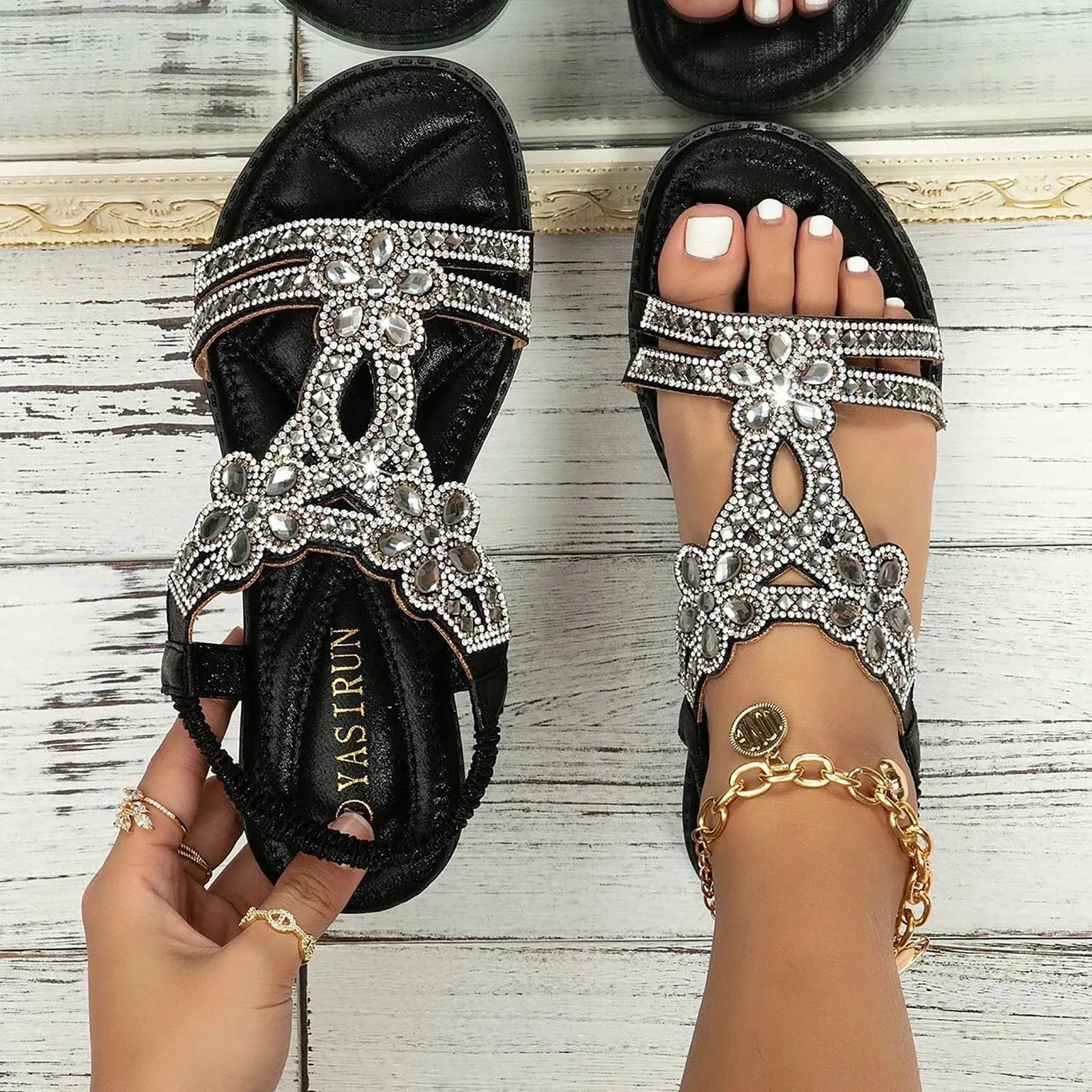 Rhinestones Sandals For Women With Elastic Ankle Strap Bohemian Beach Shoes Fashion Crystal Floral Casual Open Toe Shoes black