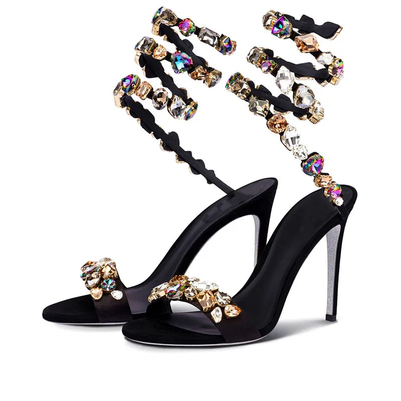 Women's High Heel Sandals Fashion Colored Diamond Snake Party Banquet Water Diamond Slim High Heels
