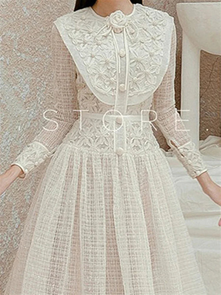 Autumn Spring Boho Elegant Party Luxury Dresses Women Dress Embroidery Lace Runway Vintage High Waist Long Sleeve Vestido