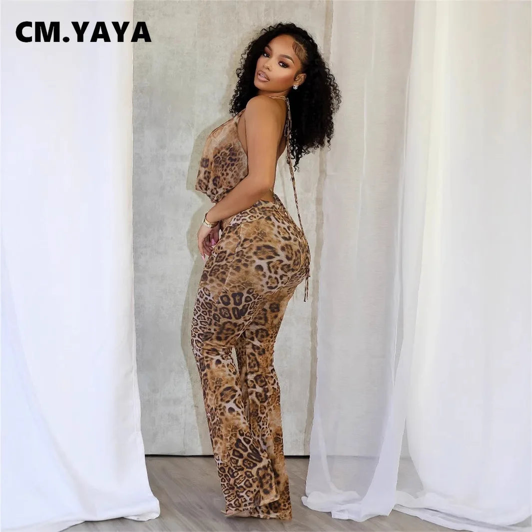 CM.YAYA Women's Set Sleeveless Halter V-neck Leopard Print Top + Pants Suit 2025 Sexy Slim Night Party Two 2 Piece Sets Outfits