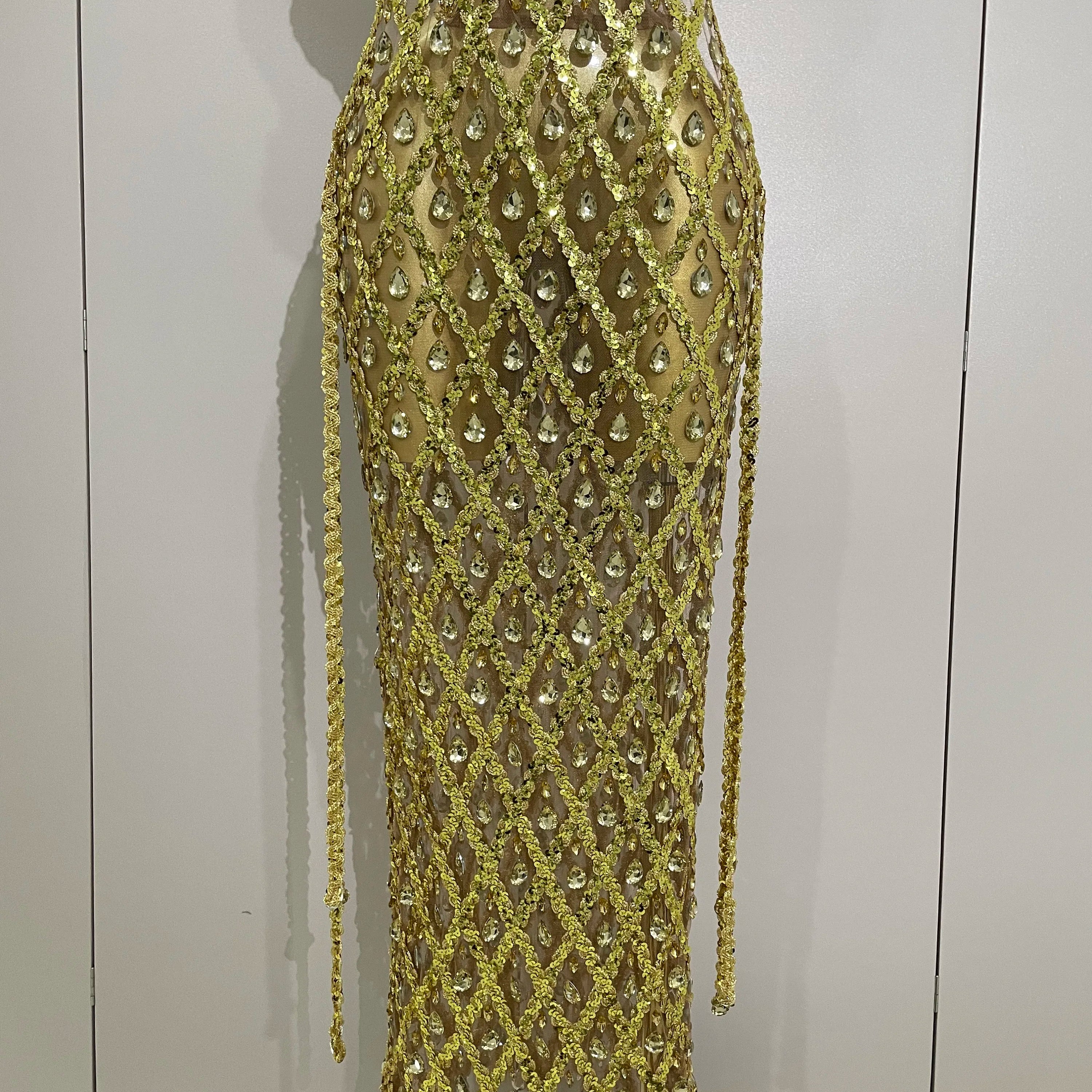 Stock Sexy Sparkly Gold Rhinestones Sleeveless Mesh Two Piece Long Dress 2025 Women Birthday Party Celebrate Prom Stage Costume