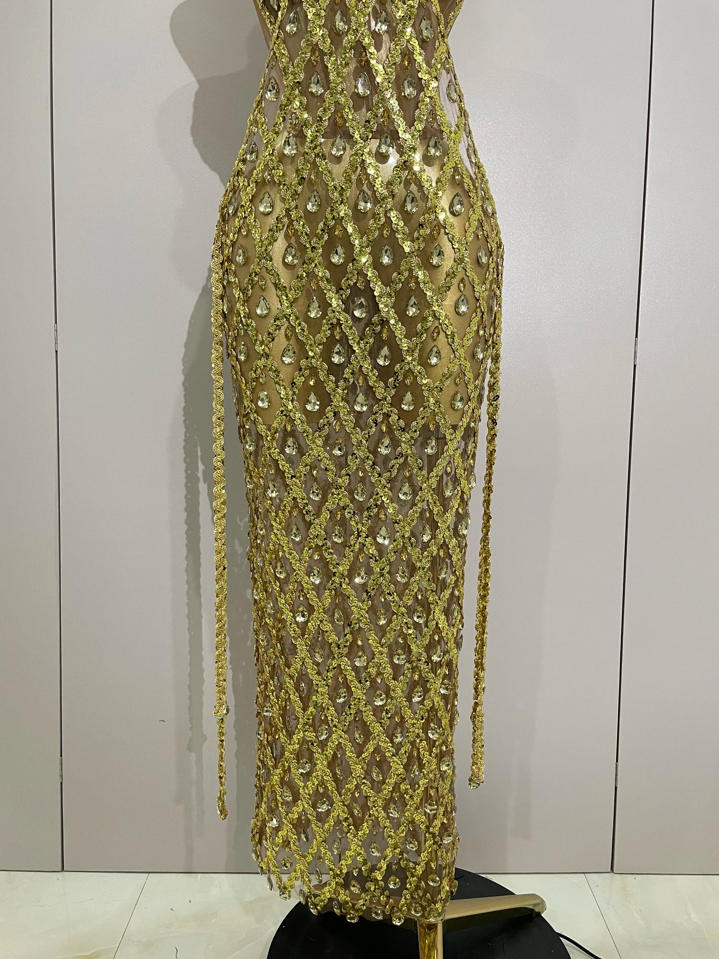 Stock Sexy Sparkly Gold Rhinestones Sleeveless Mesh Two Piece Long Dress 2025 Women Birthday Party Celebrate Prom Stage Costume