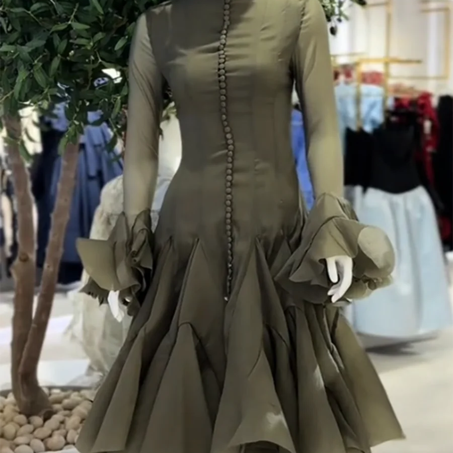 TWOTWINSTYLE Solid Spliced Button Slimming Dresses For Women O Neck Long Sleeve High Waist Patchwork Ruffles Female Fashion