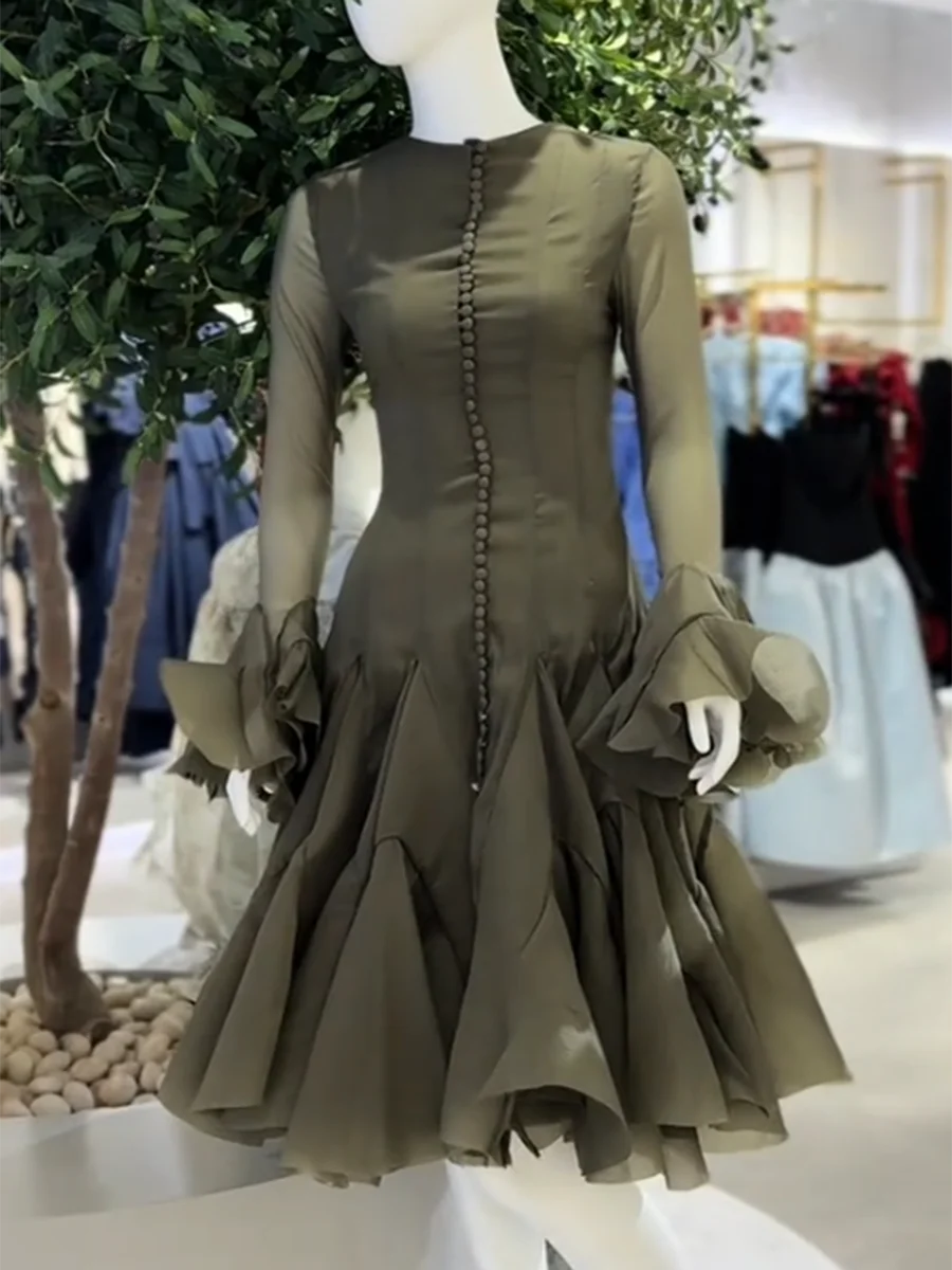 TWOTWINSTYLE Solid Spliced Button Slimming Dresses For Women O Neck Long Sleeve High Waist Patchwork Ruffles Female Fashion