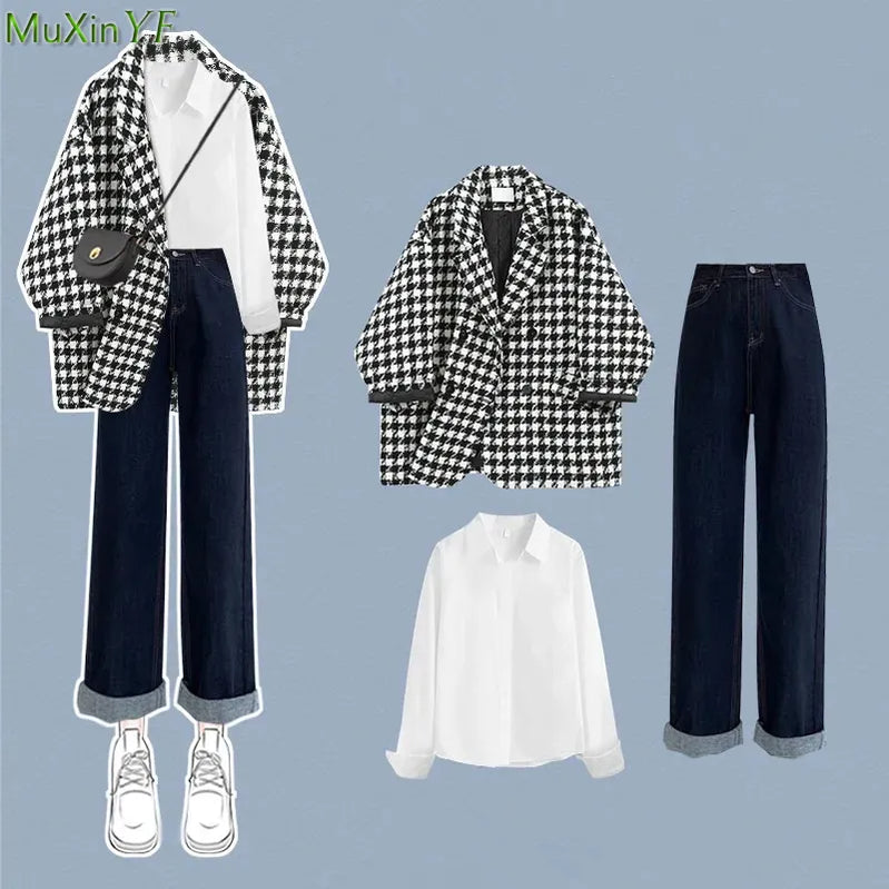 Women Autumn Winter Plaid Loose Coats Shirt Wide Leg Pants 1 or 3 Piece Set Korean Lady Casual Tweed Jacket Jeans Blouse Outfits