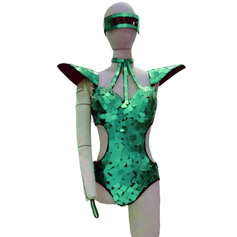 Mirror Bodysuit Women Dance Costume Gold Silver Sequins Fly Shoulder Hollow Out Rave Outfit Stage Performance Clothes Gogo Show Green