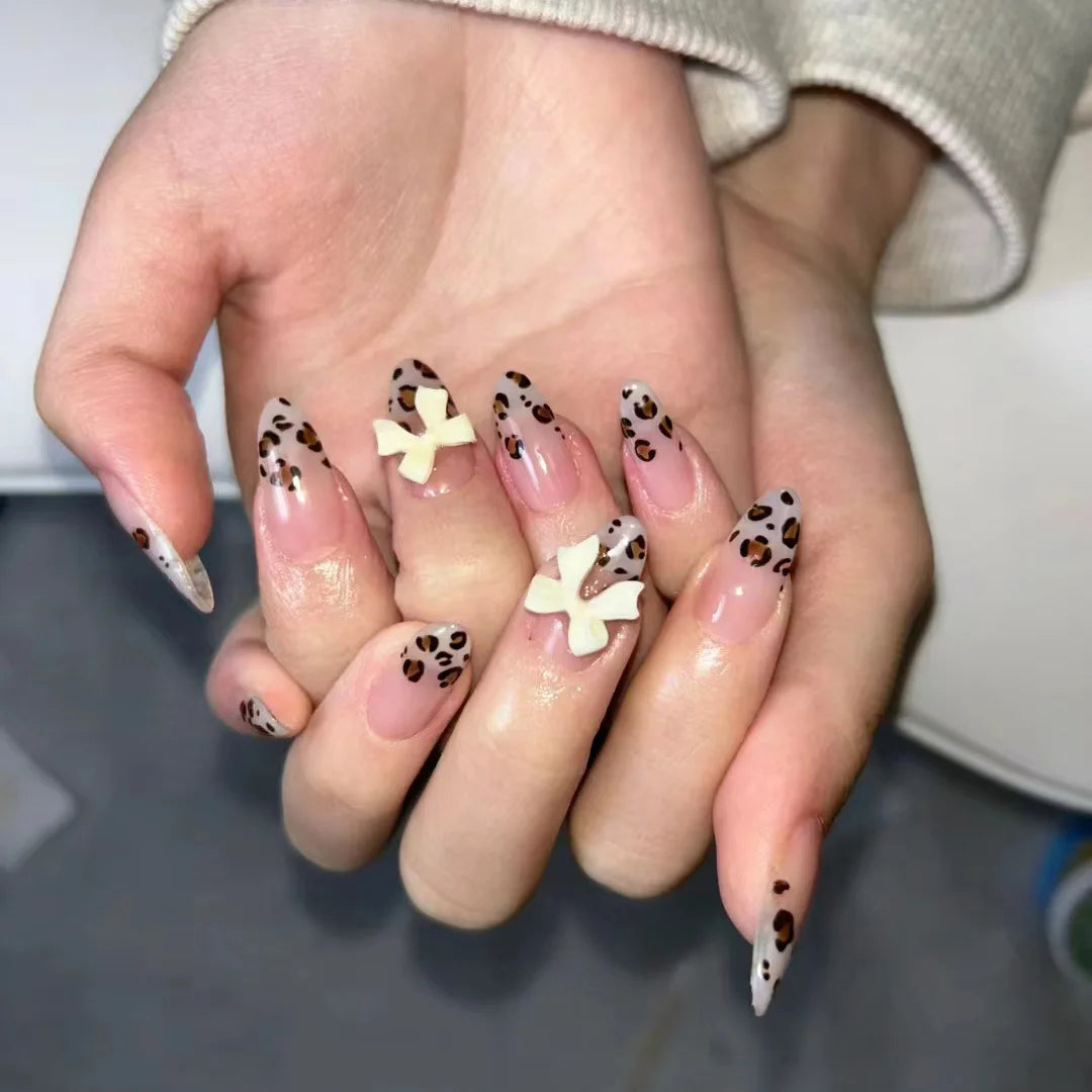 24Pcs Mid-length Almond Nails Set Press on Leopard Print French Fake Nails 3D Bow Pearl Reusable Full Cover False Nails Tips Art