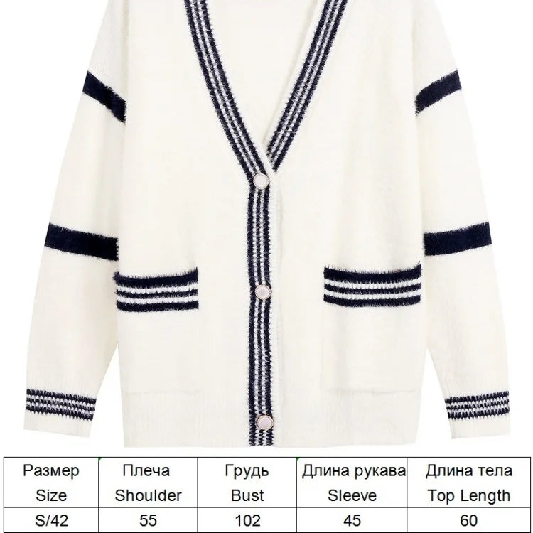 TYHRU Women's Knitting Sweater V Neck Color Matching Pocket Single-Breasted Buttons Loose Casual Knitted Cardigan Top