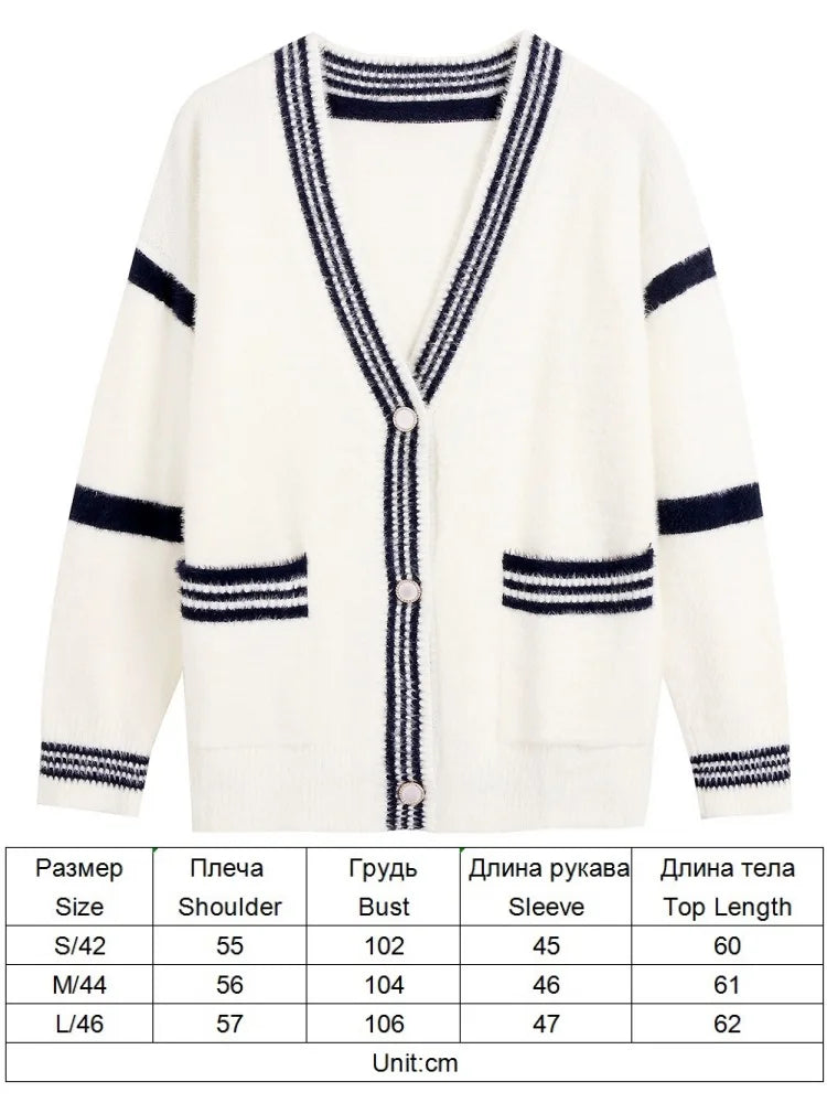 TYHRU Women's Knitting Sweater V Neck Color Matching Pocket Single-Breasted Buttons Loose Casual Knitted Cardigan Top