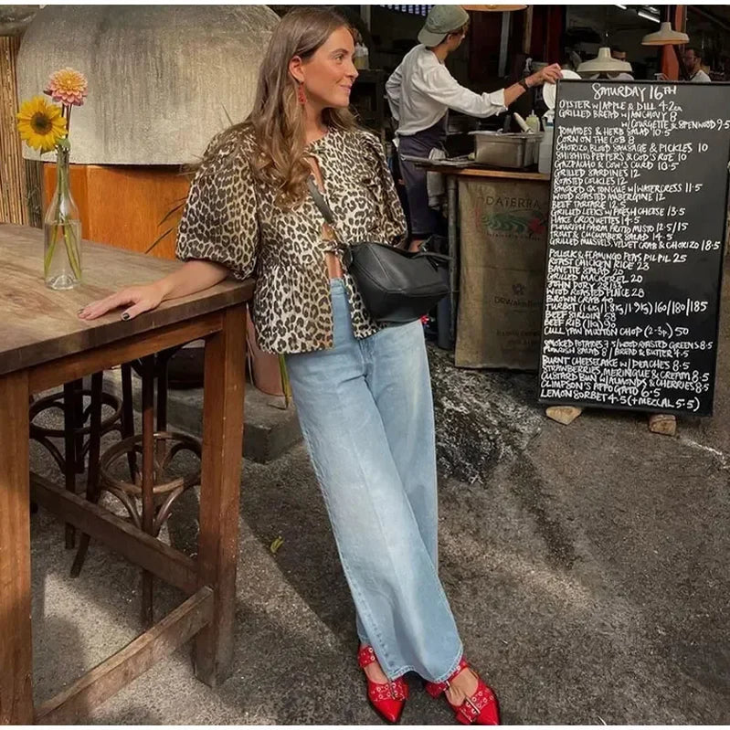 Leopard Print Lace Up Bow Top Women Hollow Out Puff Short Sleeve O-neck Shirt Female Summer Lady Fashion Commuter Tops Leopard