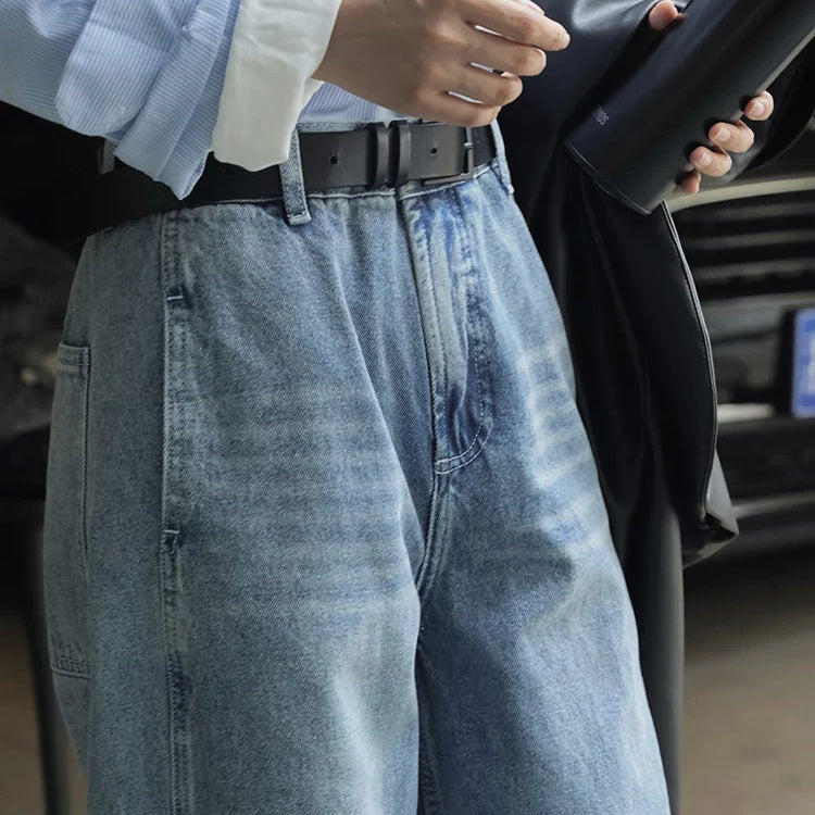 [LANMREM] Streetwear Washed Jeans For Women High Waist Straight Wide Leg Pants Fashion Female Denim Trousers Spring New