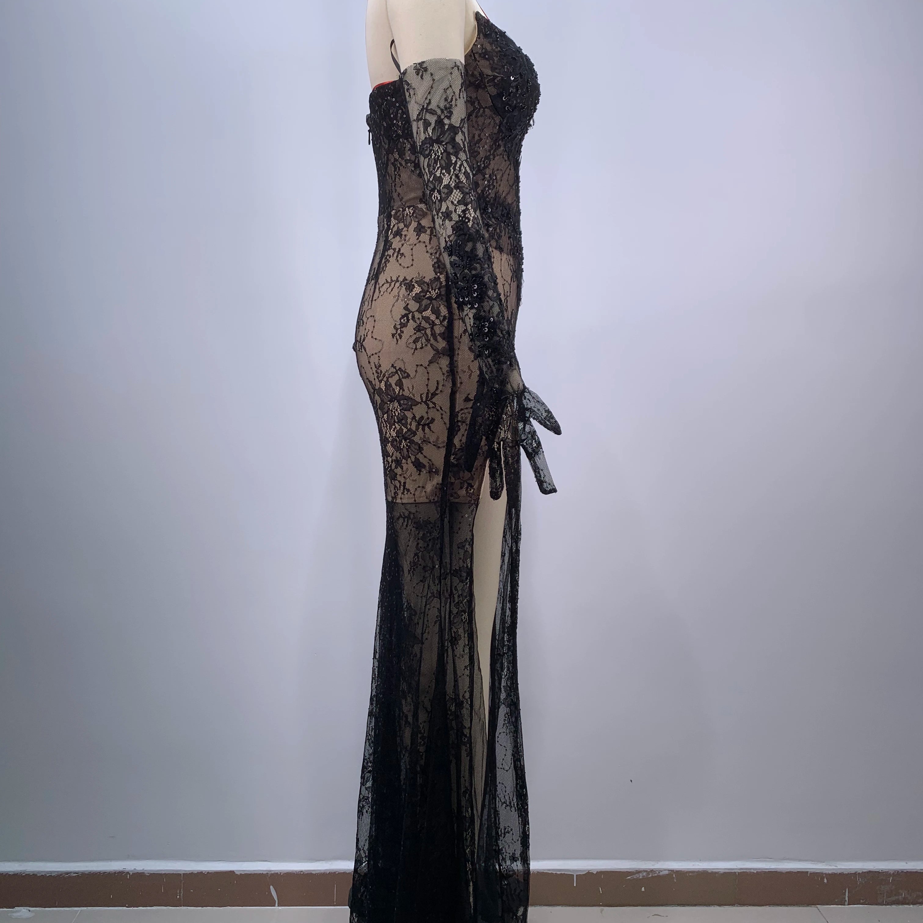 Women Sexy Strapless Lace High Split Long Dress Gloves Celebraye Nightclub Party Birthday Photo Shoot Dress Vestido