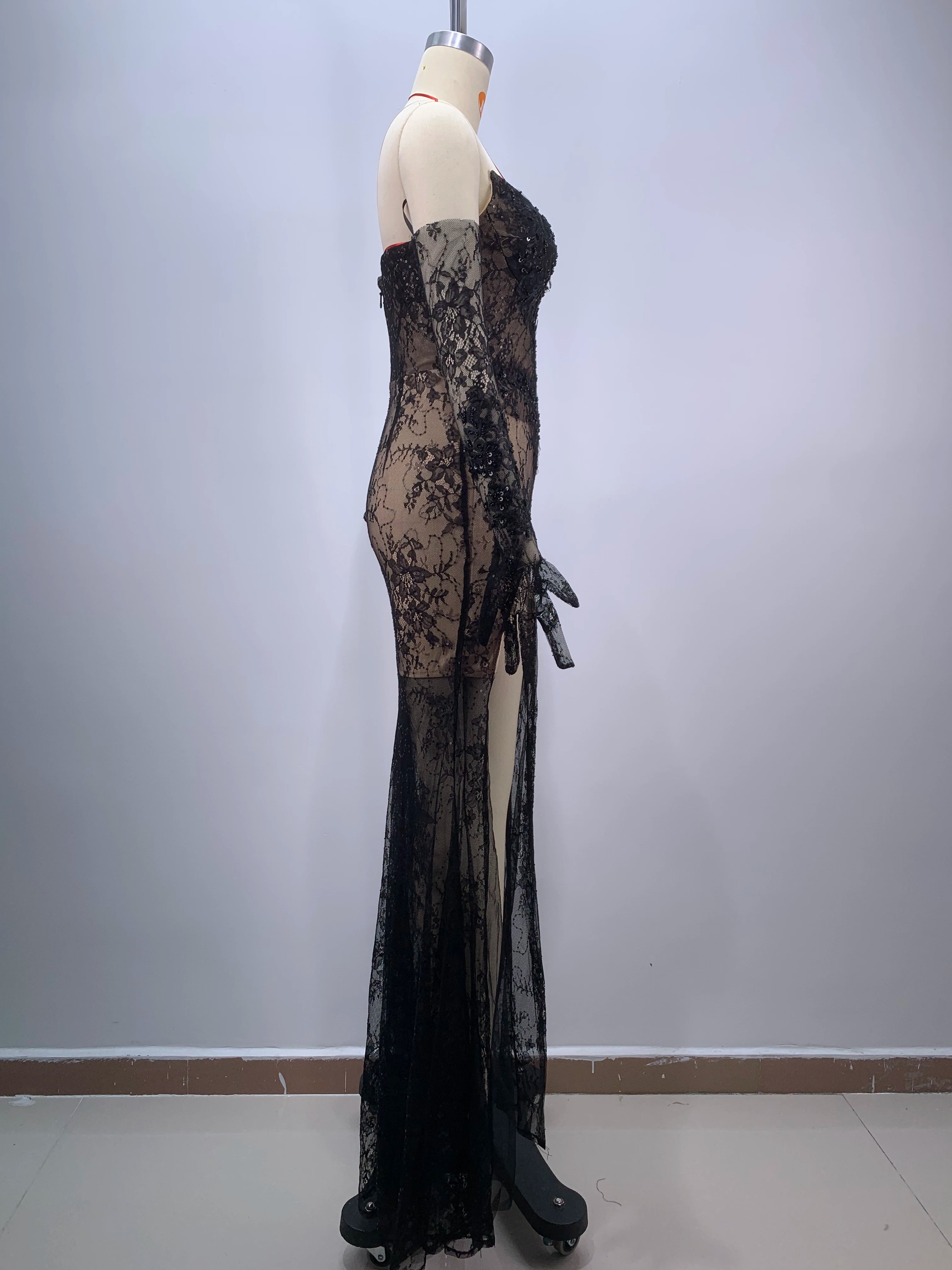 Women Sexy Strapless Lace High Split Long Dress Gloves Celebraye Nightclub Party Birthday Photo Shoot Dress Vestido