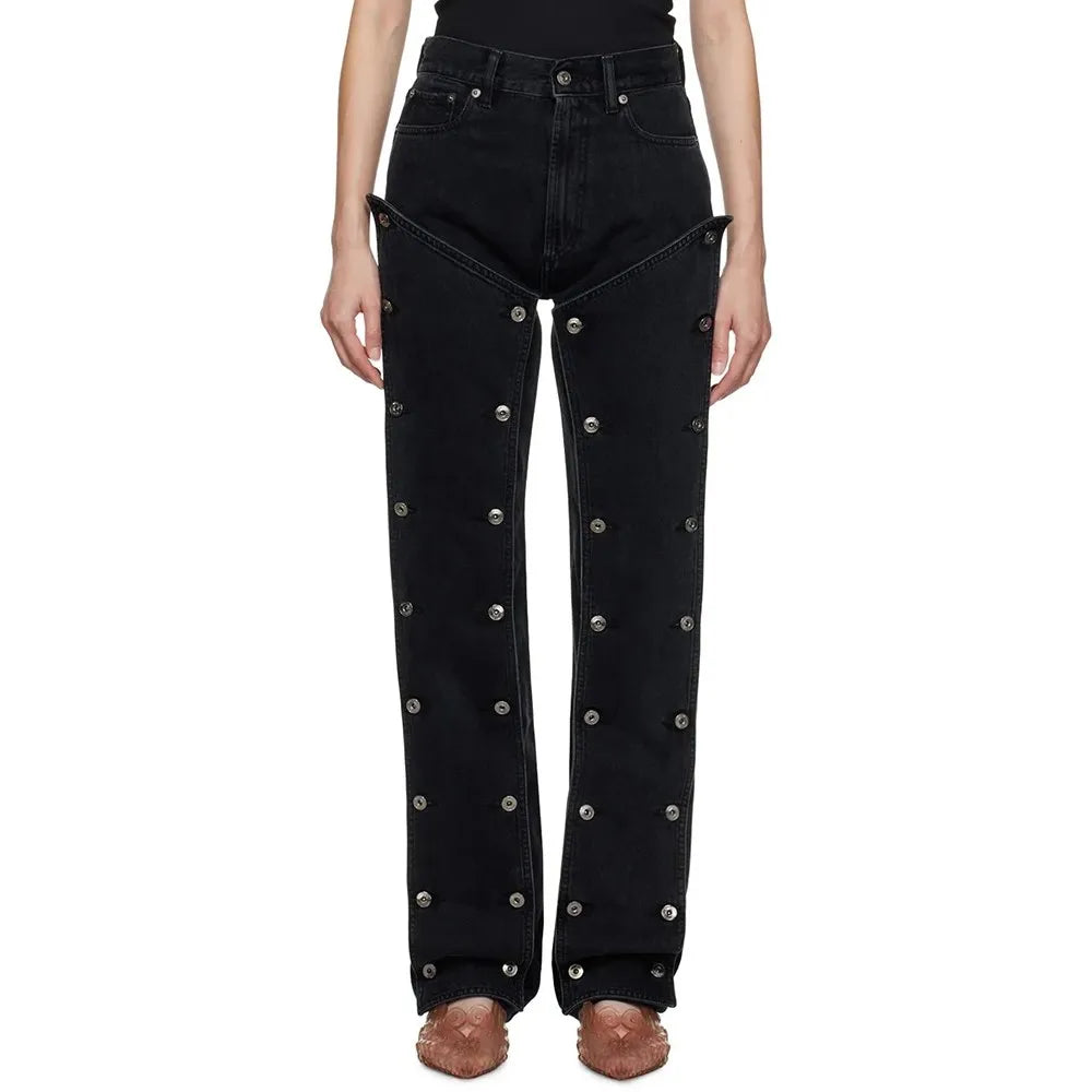 Solid Spliced Button Jeans For Women High Waist Patchwork Pockets Vintage Casual Jean Female Fashion Style Clothing BLACK