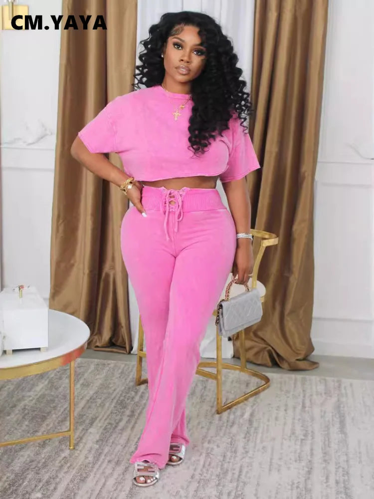 CM.YAYA Women's Set Tie Dye Print O-neck Short  Sleeve Crop Top +Pants Suits Street Sweatsuit Two 2 Piece Set Outfit Tracksuit