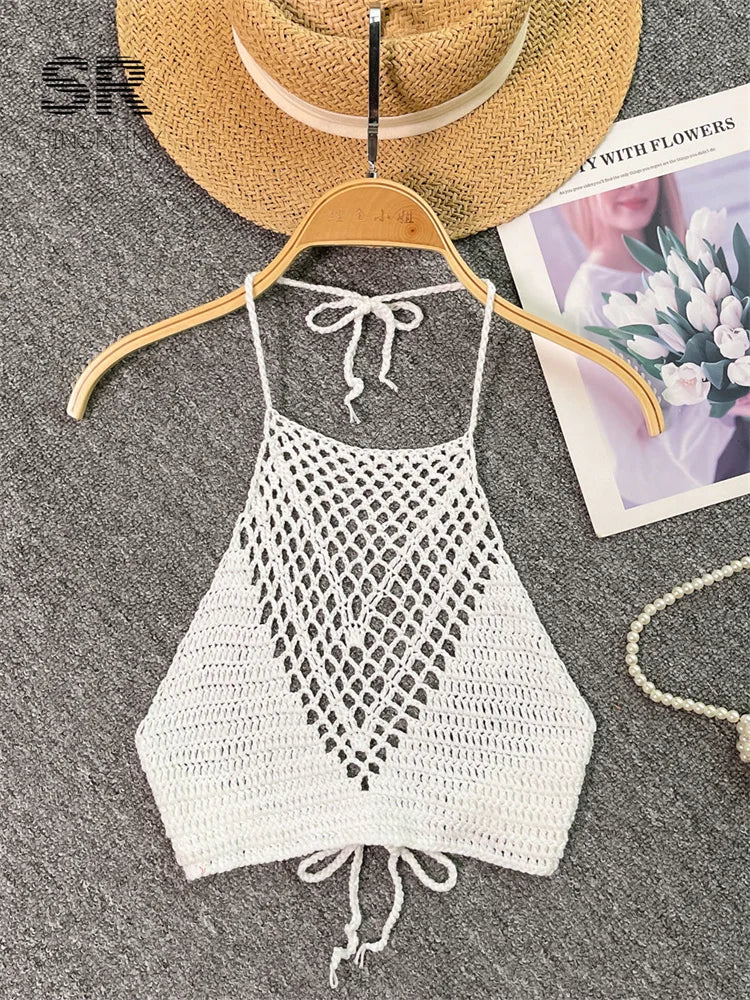 SINGREINY Summer Knit Camisole Women Hollow Out Design Solid Backless Halter Retro Fashion Ladies Sexy Beach Slim Tank Top white One Size