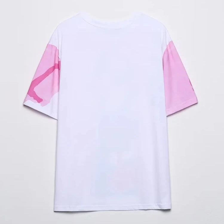 Women Fashion Contrast Color Beauty Print Casual T Shirt Female Basic O Neck Short Sleeve Chic Streetwear Tops T1875