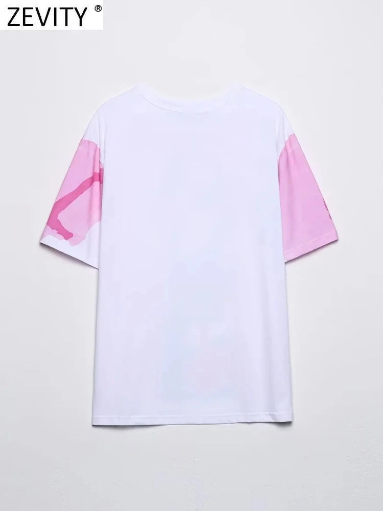 Women Fashion Contrast Color Beauty Print Casual T Shirt Female Basic O Neck Short Sleeve Chic Streetwear Tops T1875