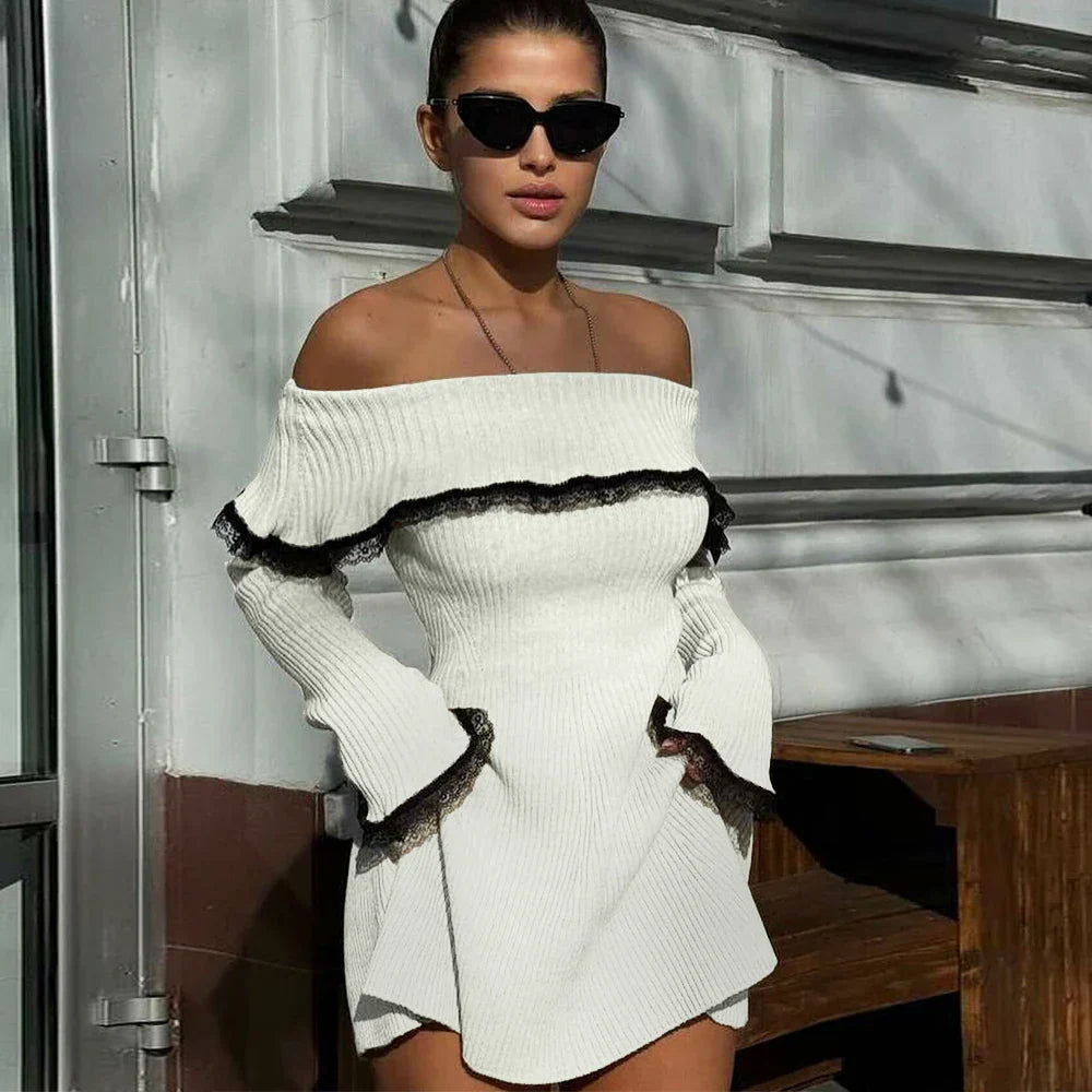 Mingmingxi Autumn Off The Shoulder Sweater Dress  Elegant Long Sleeve Knitted Dress Sexy Causal Warm White Dress Women