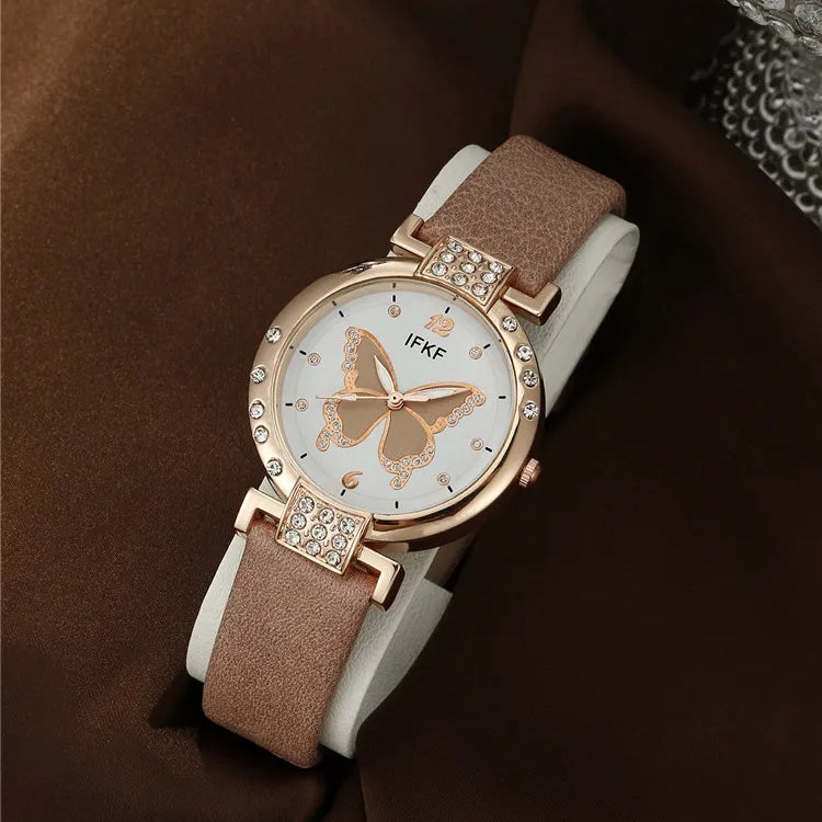 New Korean Fashion Simple Belt Quartz Watch Women's Edition+Jewelry Three Piece Set