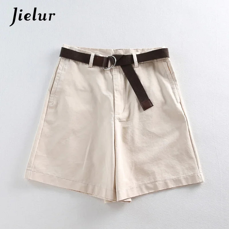 Jielur Shorts All-match 4 Solid Color Sashes Casual Shorts Women A-line High Waist Slim Short Femme Chic S-XXL Ladies Bottom Khaki