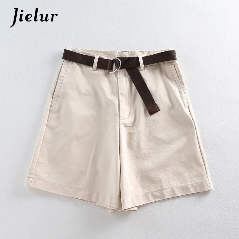 Jielur Shorts All-match 4 Solid Color Sashes Casual Shorts Women A-line High Waist Slim Short Femme Chic S-XXL Ladies Bottom Khaki