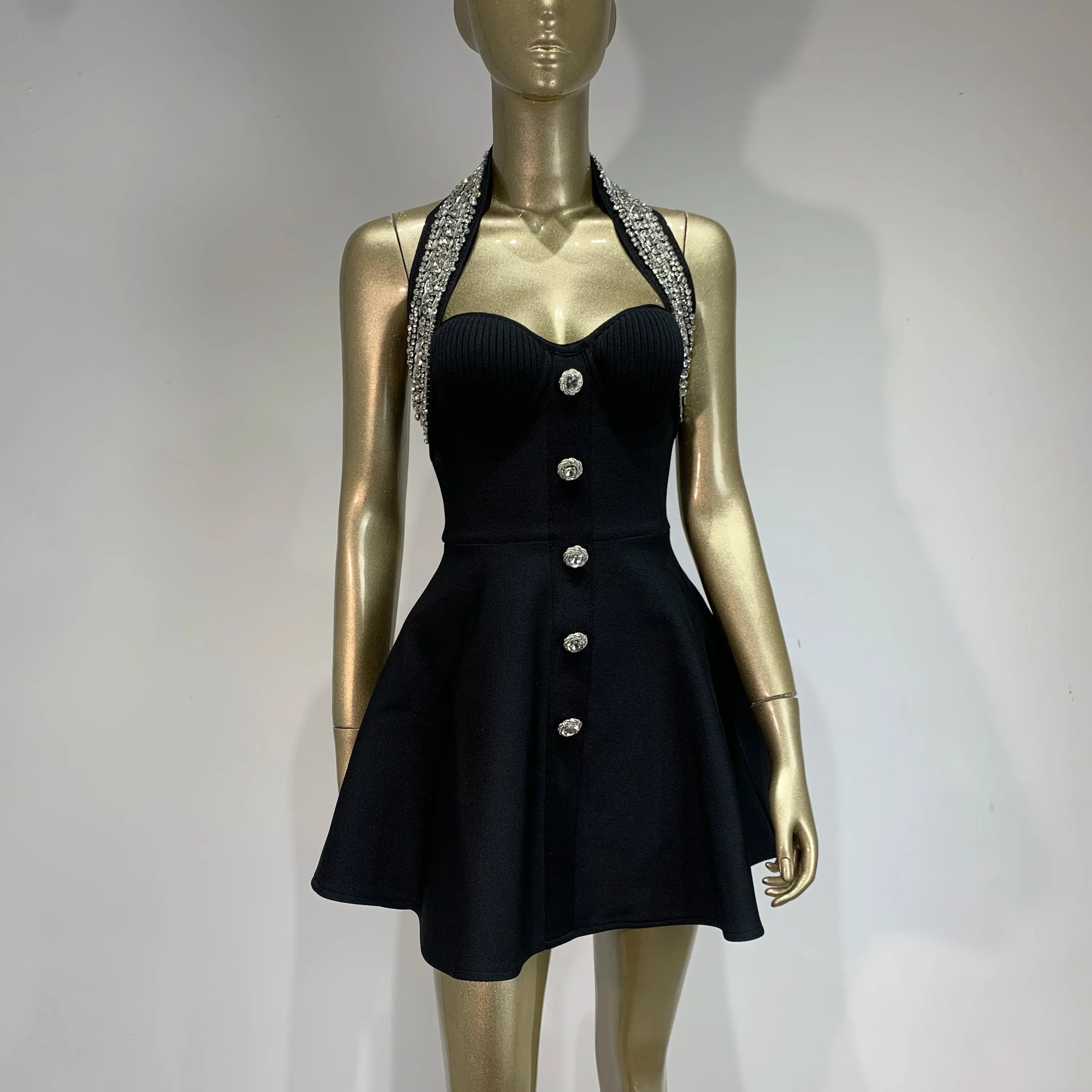 Black  Women Sexy Halter Shinning Sequins Off the Shoulder A-Line Mini Bandage Dress Celebrate Evening Party Red Carpet Wear