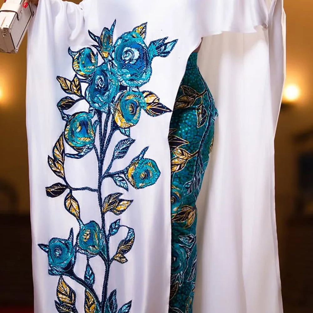 Plus Size Formal White Elegant Floral Oblique Collar 3/4 Sleeve Split Two Piece Skirt Sets