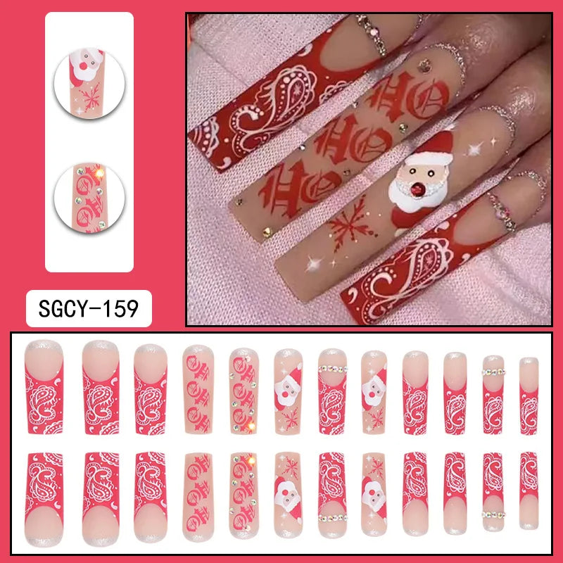 Christmas Gifts False Nails Glitter Red Rhinestone Ribbon Designs Fake Nail Patch Long Coffin Ballet Wearable Press on Nails Tip 7