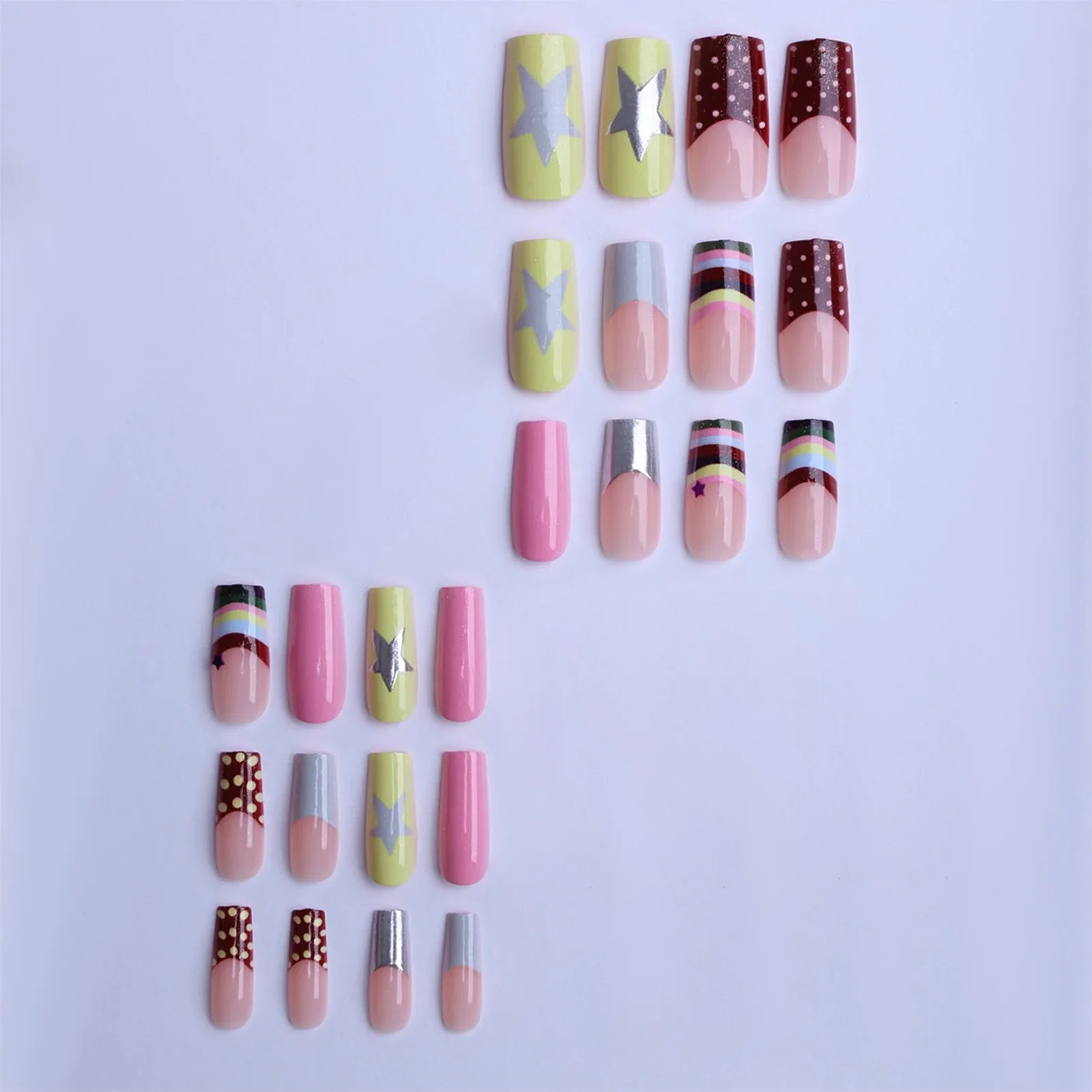 Colorful French Fake Nails 24Pcs Y2K Girls Charm Manicure Medium-length Square Press On Nails Star/Dot Printed Artificial Nails