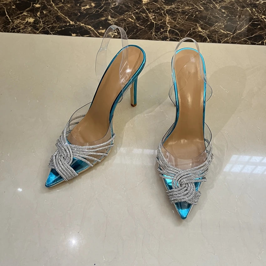 Luxury Rhinestone Women Pumps Wedding Shoes Fashion Clear PVC Sexy High heels Sandals Elegant Summer Party Bridal Shoes Woman BZ-DF blue