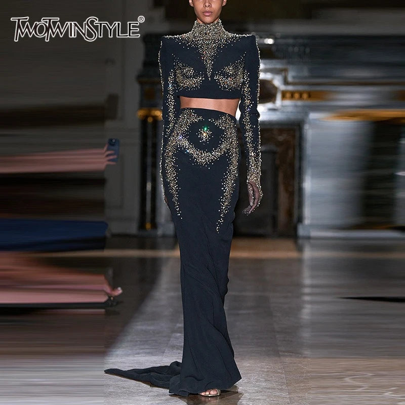 TWOTWINSTYLE Slimming Spliced Sequins Two Piece Sets for Women Round Neck Long Sleeves Short Top High Waist Skirt Set Female New