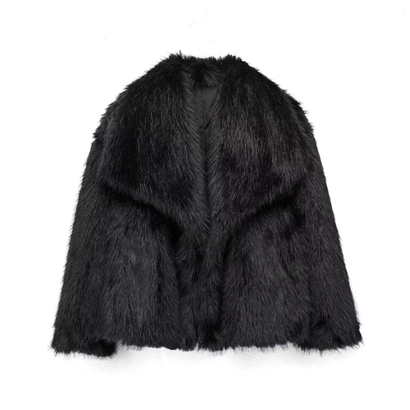 Women's Faux Fur Cropped Jacket Coat Autumn Winter New Lapel Long Sleeve Thick Warm Soft Jacket Female Chic Warm Outerwear Black