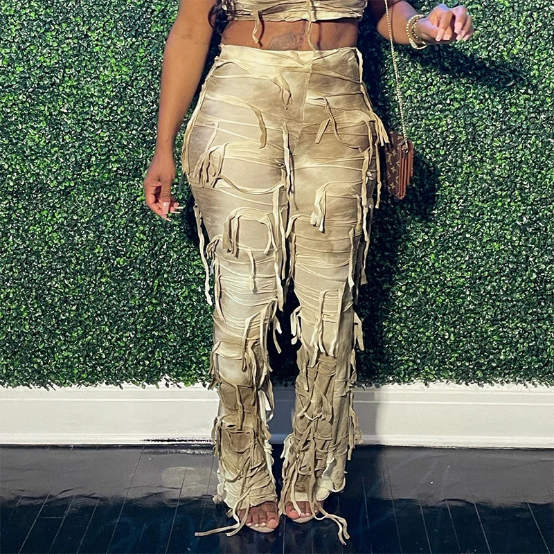 Autumn Tie-Dye Color Tassel High Waist Pants Thin Casual Flared Pants Female Slim Version Of The Peculiar Fashion Stre