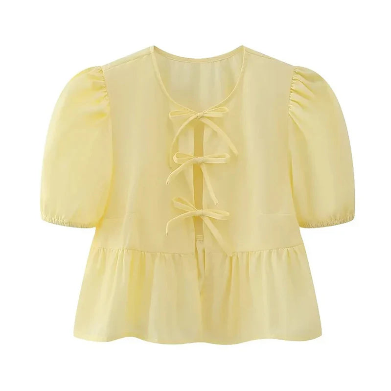 Bow Tied Lace Up Shirt Women Pleats Office Puff Sleeve Female Chic Slim Solid Tops Summer Sweet Lady V Neck Tops YELLOW