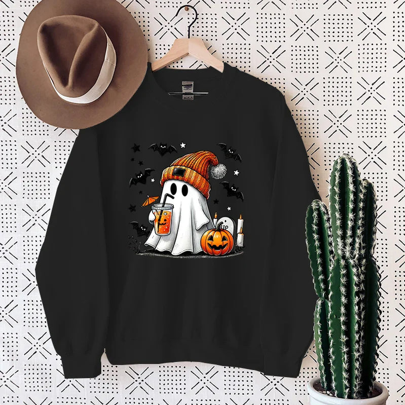 New Women's Sweatshirt Halloween Ghost Pumpkin Bat Print Round Neck Pullovers Ladies Autumn Winter Casual Halloween Sweatshirt black