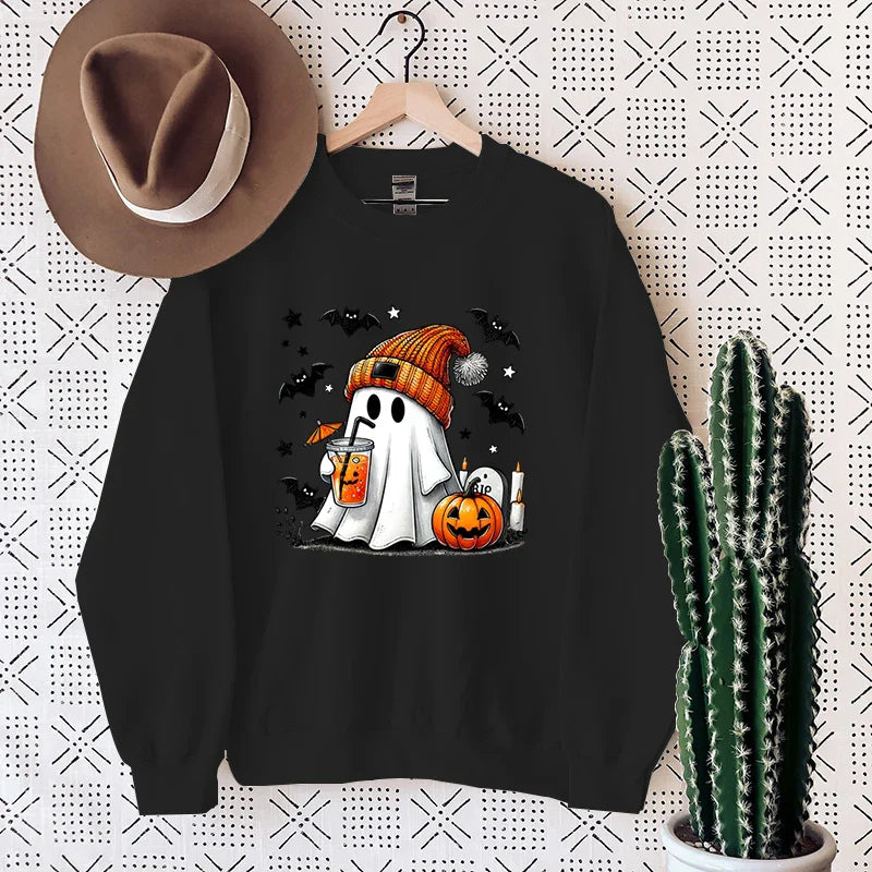 New Women's Sweatshirt Halloween Ghost Pumpkin Bat Print Round Neck Pullovers Ladies Autumn Winter Casual Halloween Sweatshirt black