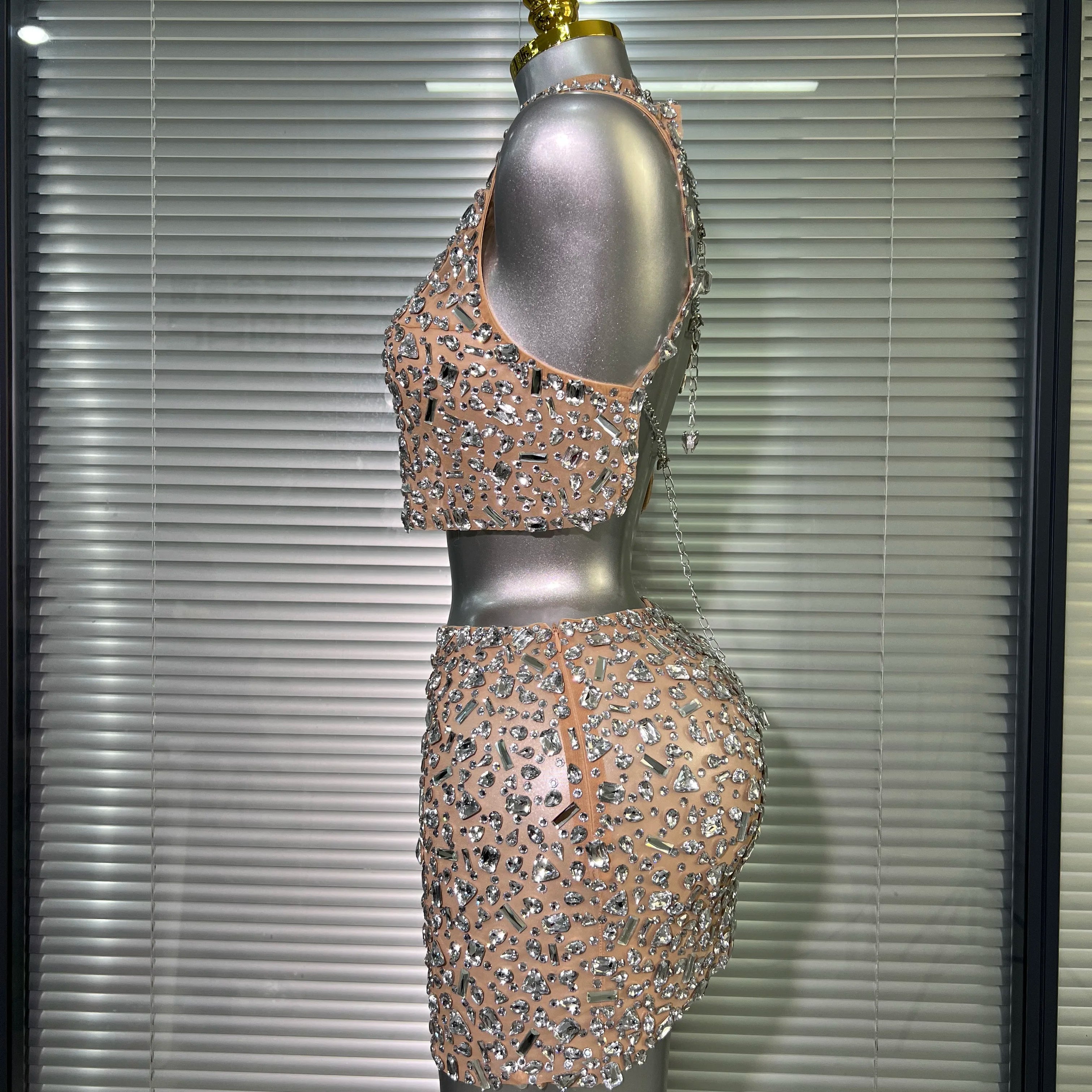 Women Sexy Two Pieces Set Women Skin Crystal Diamond Night Club Skirt Suits Singer Dancer See Through Stage Performance Costume