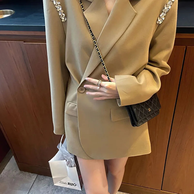 Spring Luxury diamond Suit Blazers Women medium long fashion suit skirt bow long sleeve suit Blazers Cool silver suit 20 colors 9666 khaki