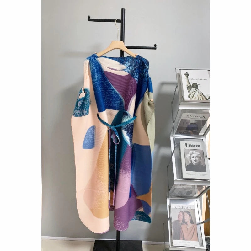 Pleated Shawl Dress Autumn/Summer O-Neck Loose Design A-line Dress Fashionable Long Women's Wear champagne One Size