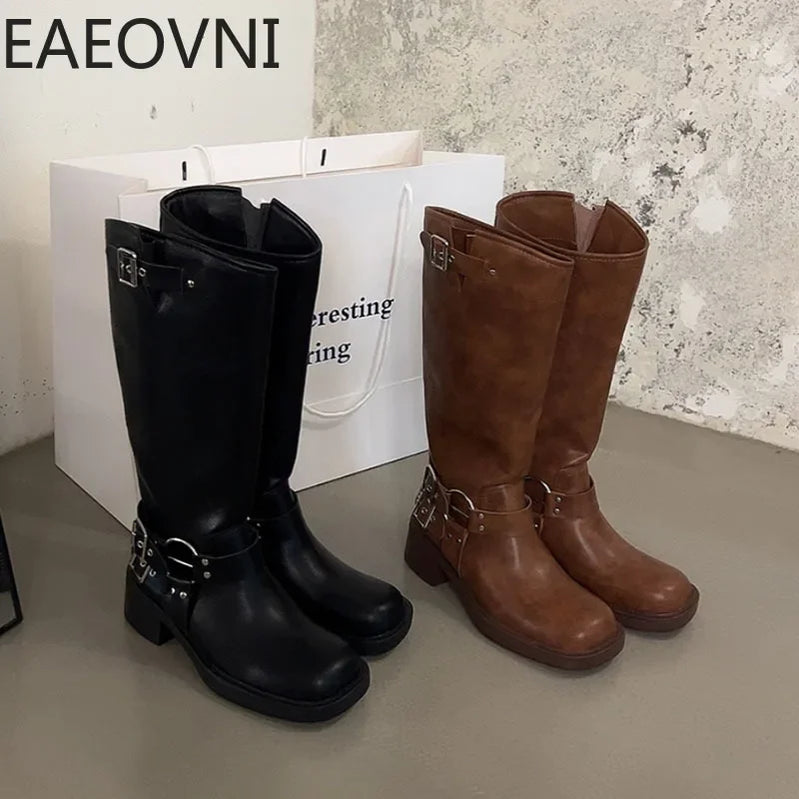 Knee High Boots Women Fashion Slip On Ladies Low Heel Knight Boots Autumn Winter Women's Biker Booties