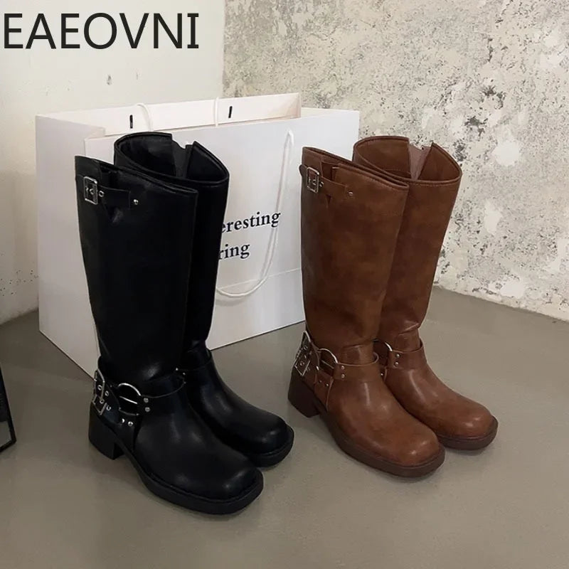 Knee High Boots Women Fashion Slip On Ladies Low Heel Knight Boots Autumn Winter Women's Biker Booties