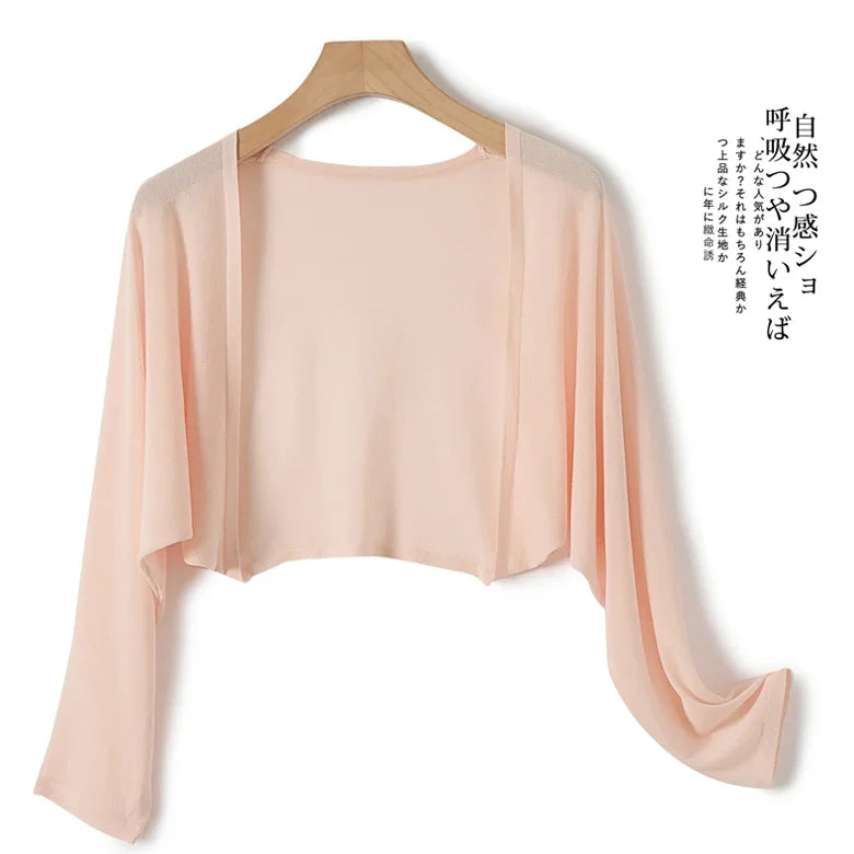 Ice Silk Sun Protection Cover Ups Women Long Sleeve Knitted Shawl Thin Summer Relax Cardigan Cape Outerwear Shirt Loose Freesize Pink One Size