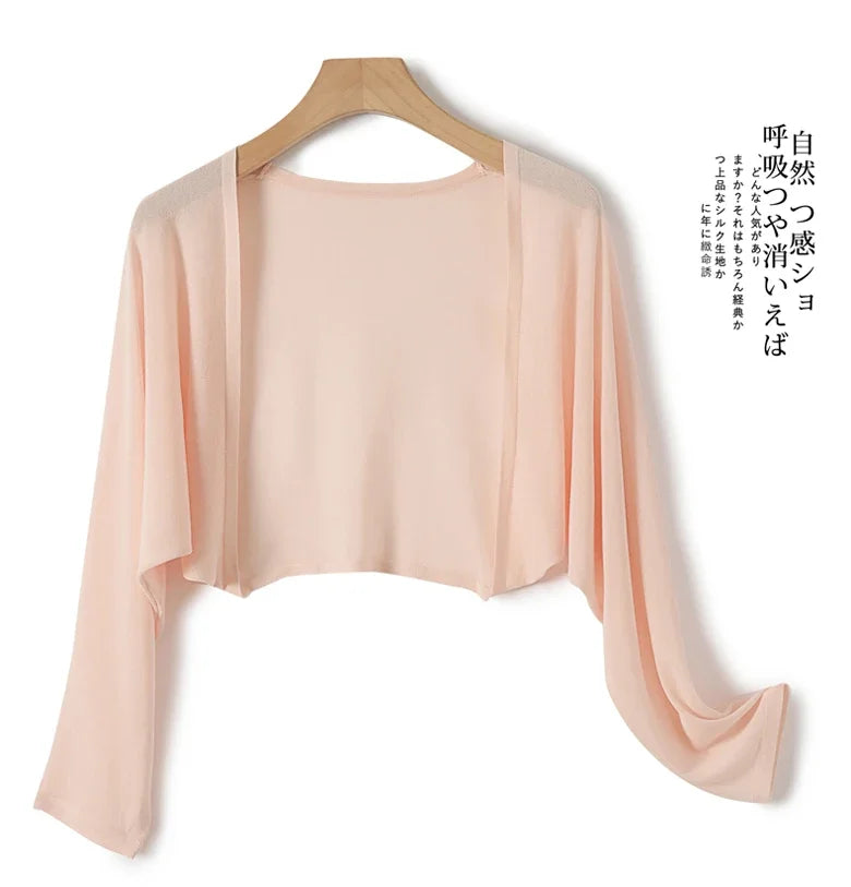 Ice Silk Sun Protection Cover Ups Women Long Sleeve Knitted Shawl Thin Summer Relax Cardigan Cape Outerwear Shirt Loose Freesize Pink One Size