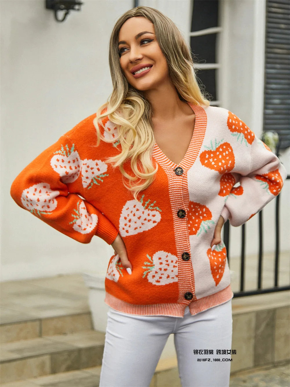 Autumn/Winter European and American Cross border Sweater V-neck Button Cardigan Strawberry Coat Sweater Female