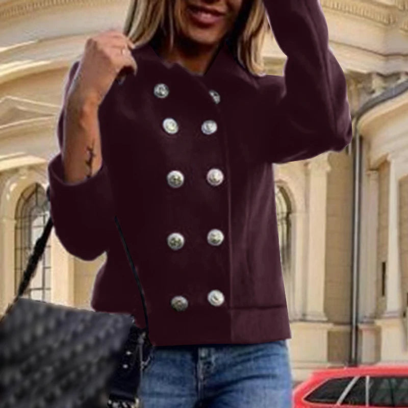 Warm Long Sleeve Outwears Women Tweed Coat Winer England Style Thin Trench Coat Casual Buttons Commuting Jackets Wine Red